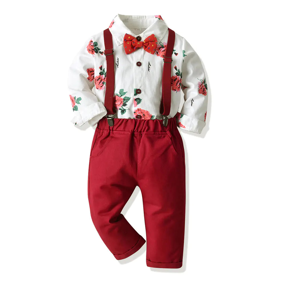 Floral Print Long Sleeve Shirt and Overalls Set