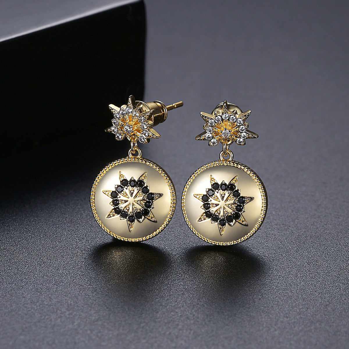 Black Cubic Zirconia & Goldtone Flower Round Drop Earrings