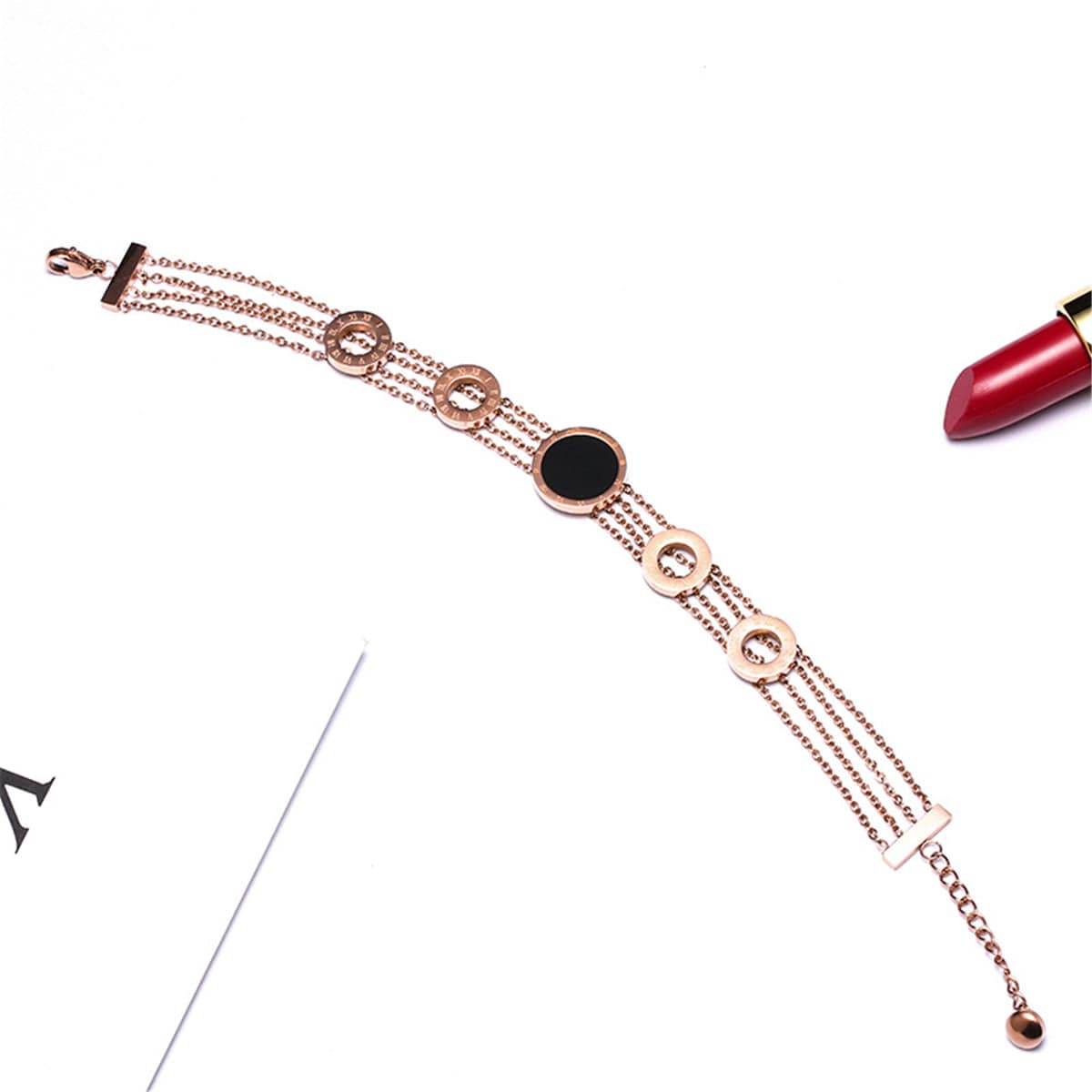 Black Acrylic & Rose Goldtone Roman Numeral Multi-Strand Bracelet