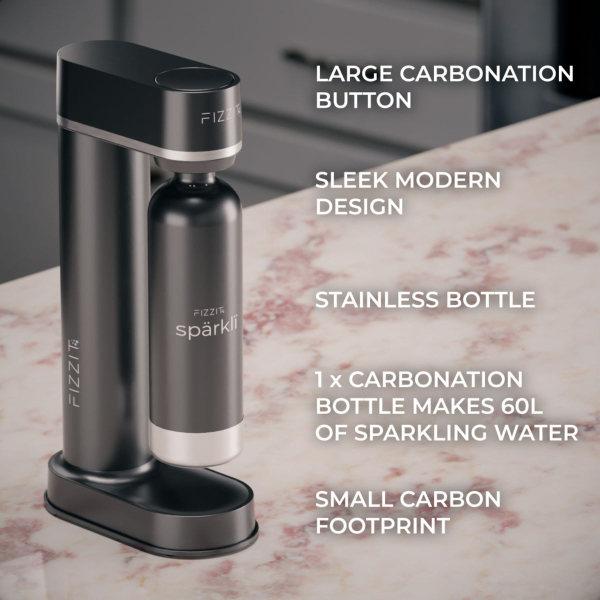 Black Fizzit Stainless Steel Sparkling Water Maker Bundle | Includes Soda Maker, CO2 Cylinder, & 12-Flavor Variety Pack | Customizable Carbonated Water Machine, Reusable Bottle & Eco-Friendly