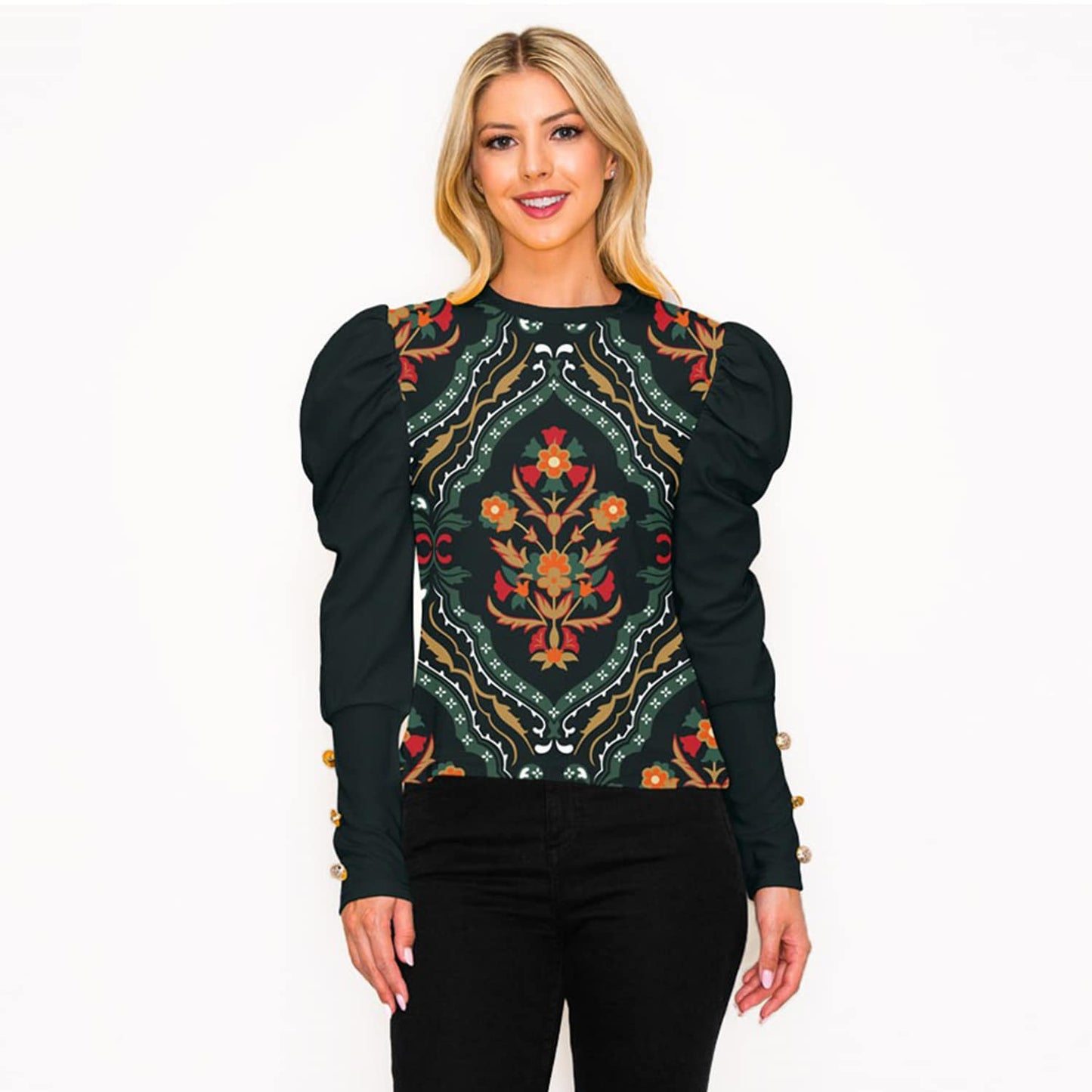 Dark Green Floral Print Puff Sleeve Long Sleeve T-Shirt