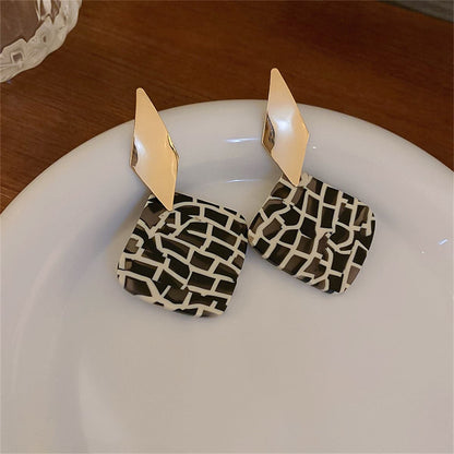 Black Acrylic & Goldtone Geometric Rhombus Drop Earrings