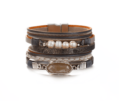 Dark Grey Faux Leather Freshwater Pearl Layered Bracelet