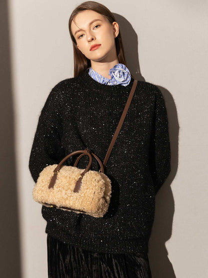 Beige Sherpa Fur Trimmed Elongated Top Handle Bag