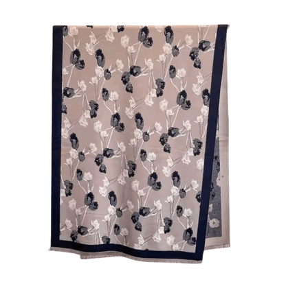Beige & Black Elegant Floral Branch Fringe-Trimmed Scarf
