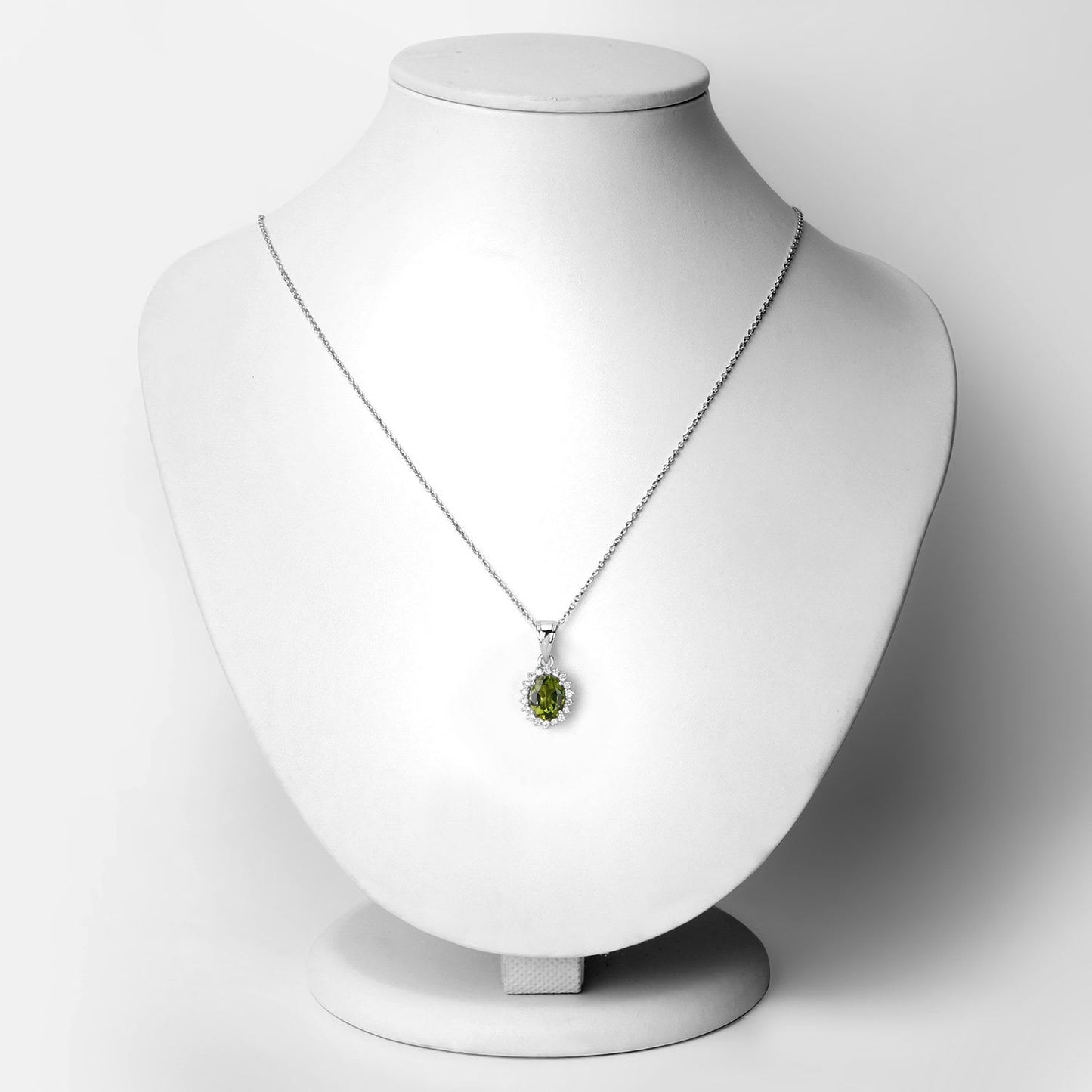 Genuine Peridot and Lab Diamond Silver Halo Necklace