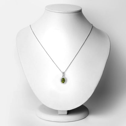 Genuine Peridot and Lab Diamond Silver Halo Necklace