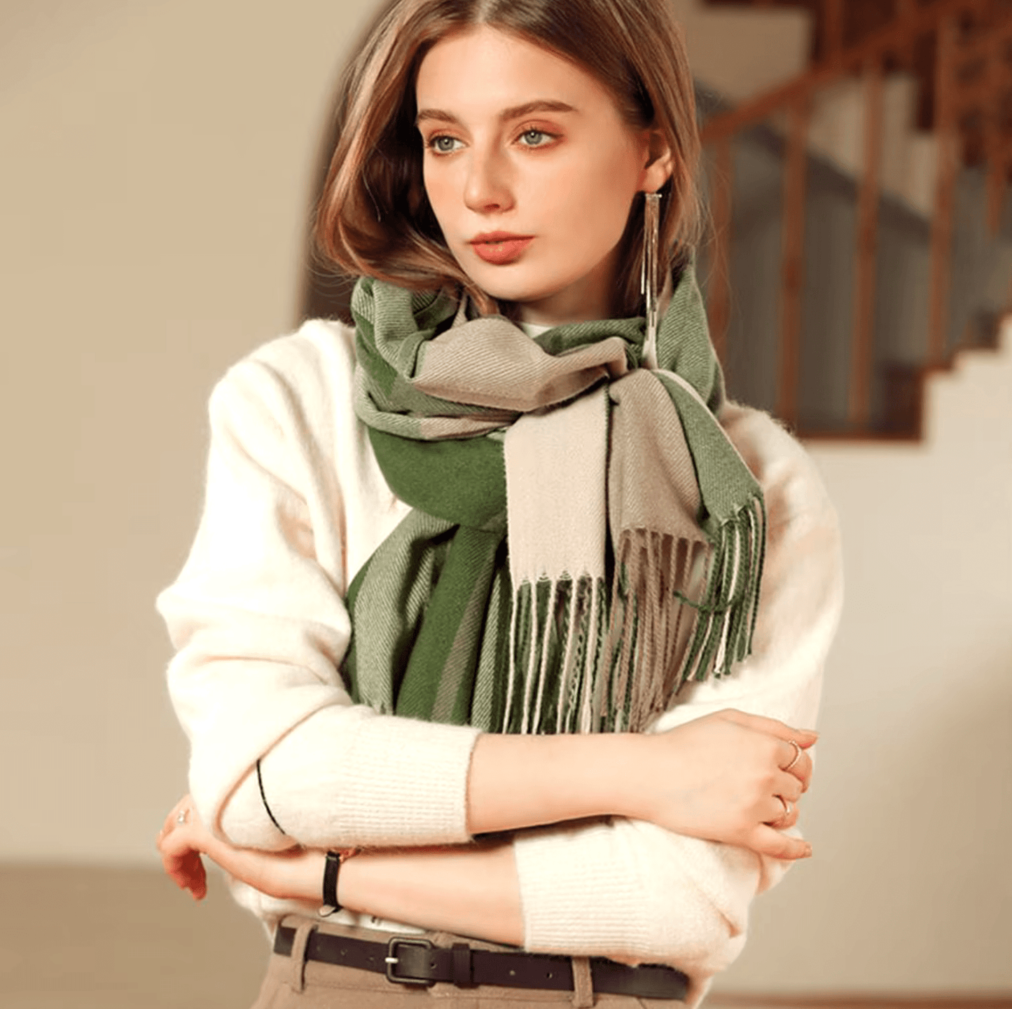 Cozy Plaid Fringe Trimmed Scarf in Olive Green