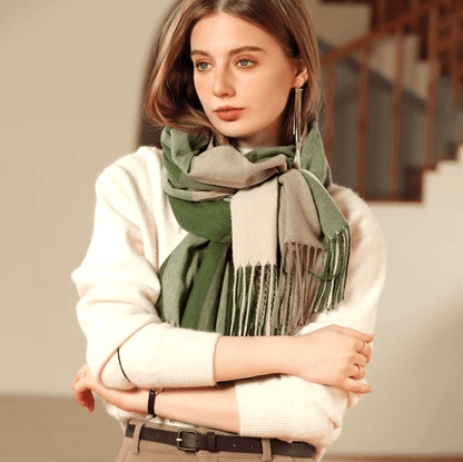 Cozy Plaid Fringe Trimmed Scarf in Olive Green