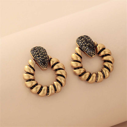 Black Cubic Zirconia & Goldtone Twisted Circle Earrings