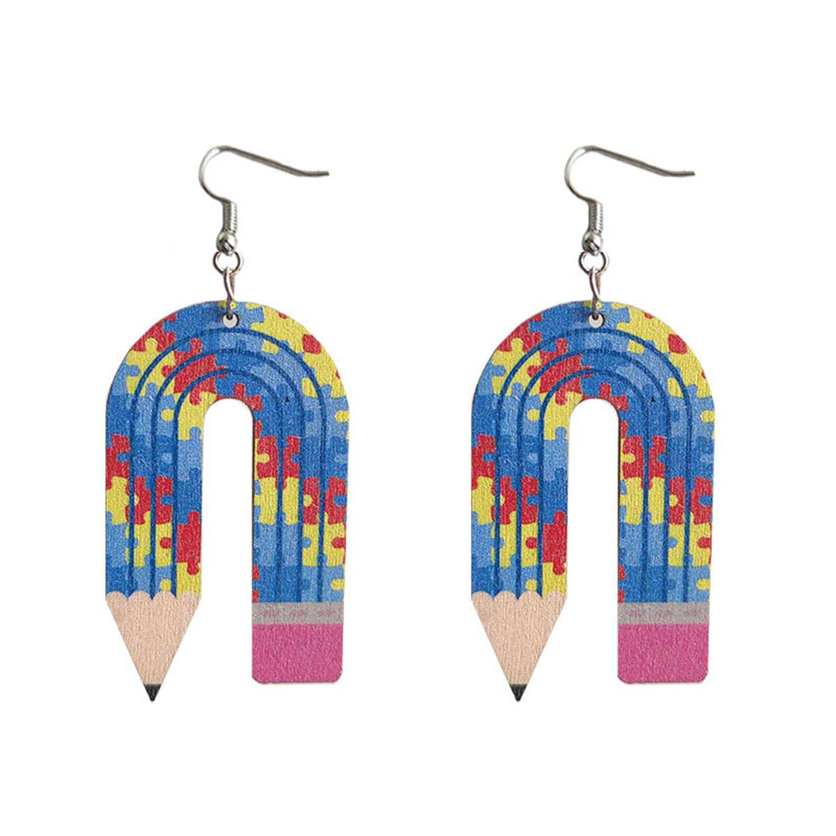 Blue Wood & Silvertone Pencil Drop Earrings