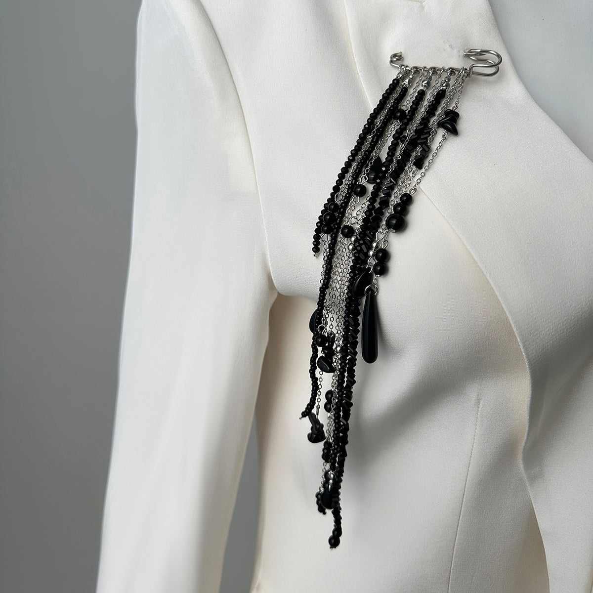 Black Crystal & Acrylic Silvertone Tassel Pin Brooch