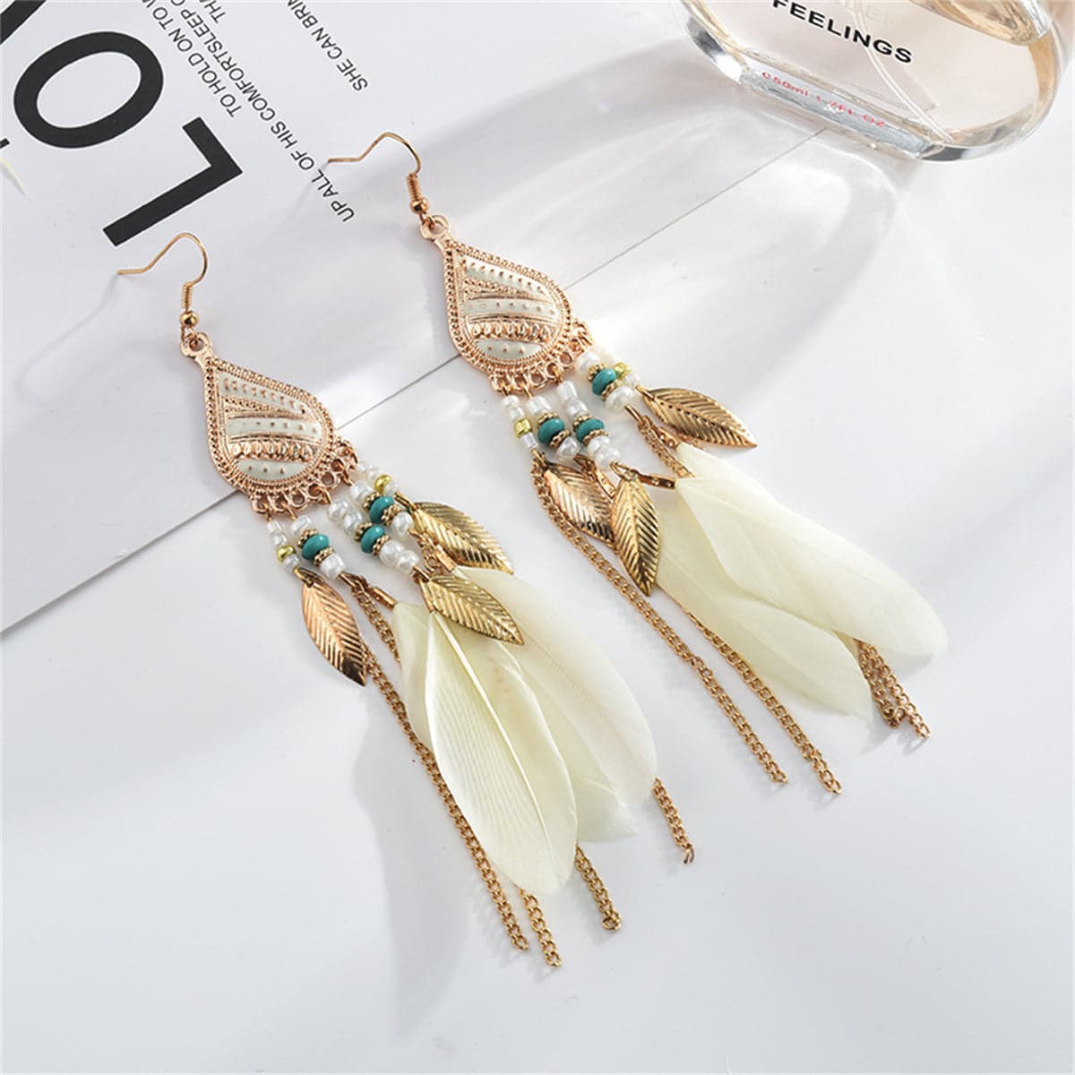 Beige Feather & Goldtone Feather Drop Earrings