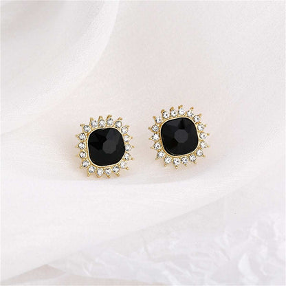 Black Crystal & Goldtone Square Halo Stud Earrings