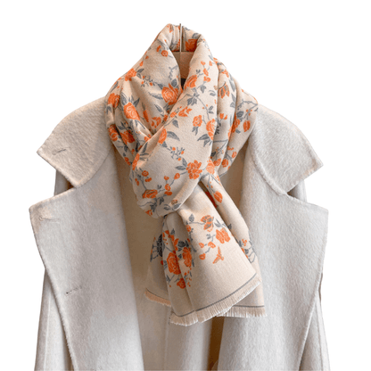Delicate Orange Floral Beige Fringe-Trimmed Scarf