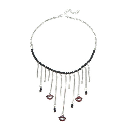 Black Acrylic & Silvertone Vampire Tassel Choker Necklace