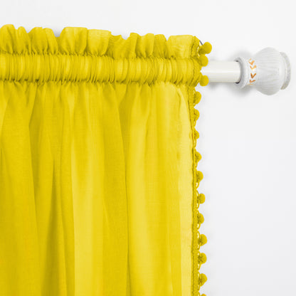 Elegant Comfort Set of 2 Pom Pom Tasseled Sheer Curtain - Rod Pocket