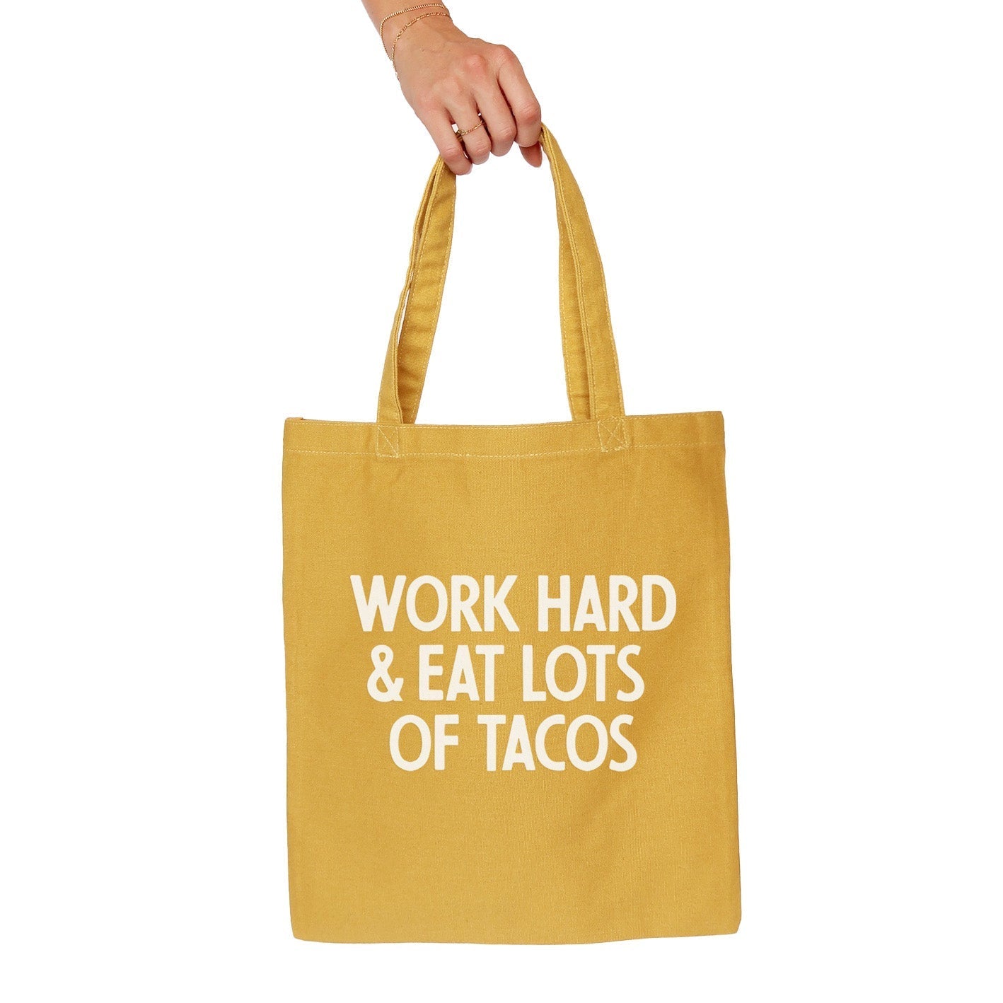 Frankie Jean Work Hard & Eat Tacos Tote Bag