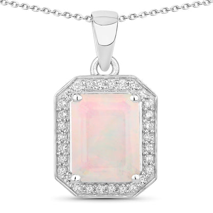 Genuine Ethiopian Opal and Lab Diamond Silver Halo Necklace