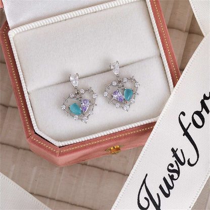 Cat's Eye & Crystal Cubic Zirconia Silvertone Heart Drop Earrings