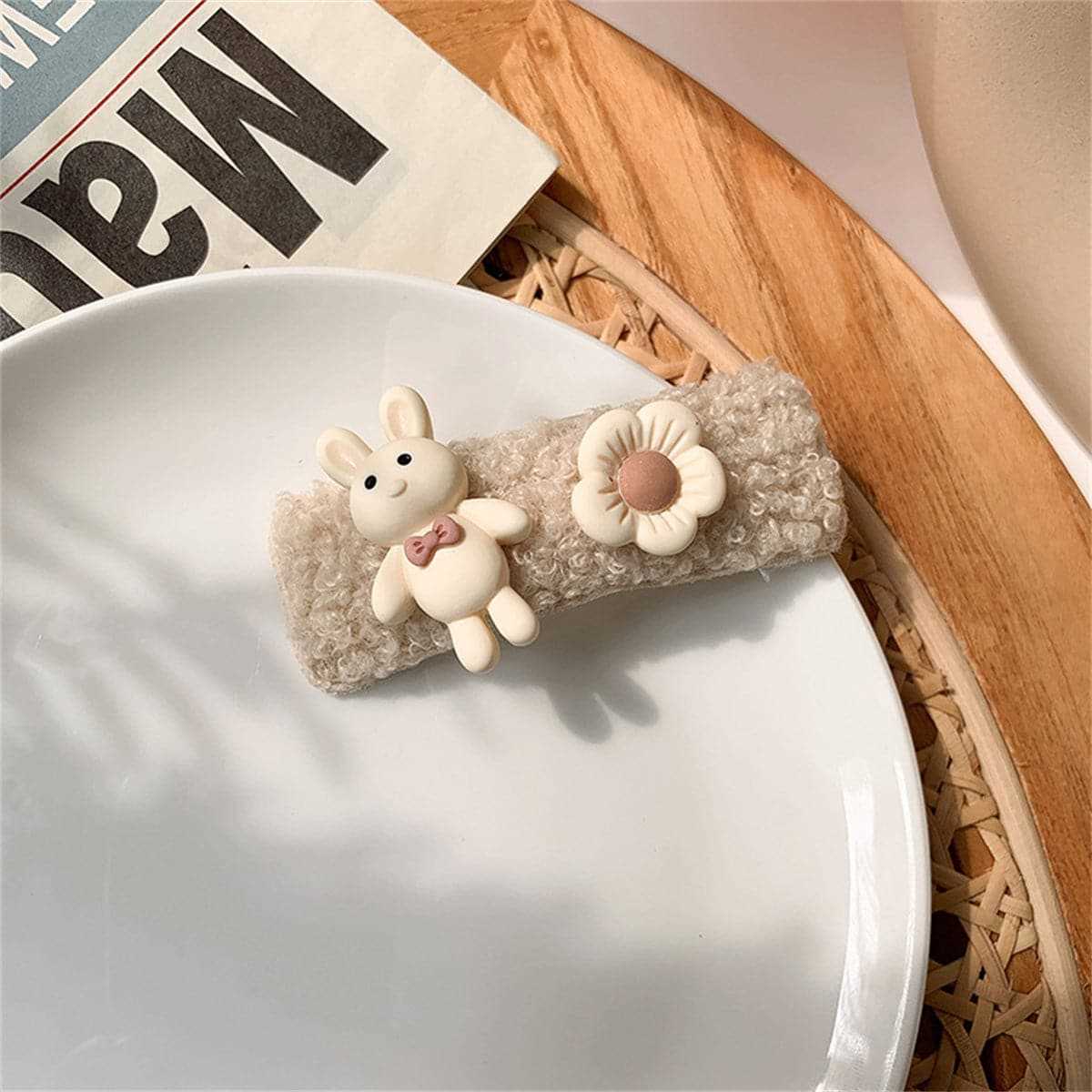 Beige & Silvertone Rabbit Flower Hair Clip