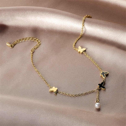 Black Acrylic & Pearl Goldtone Butterfly Anklet