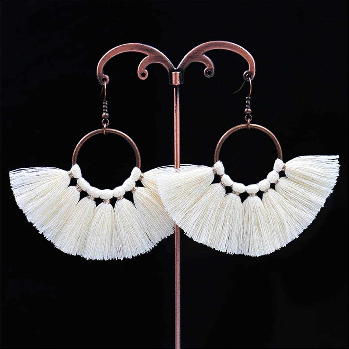 Beige Polyster & Goldtone Circle Tassel Drop Earrings