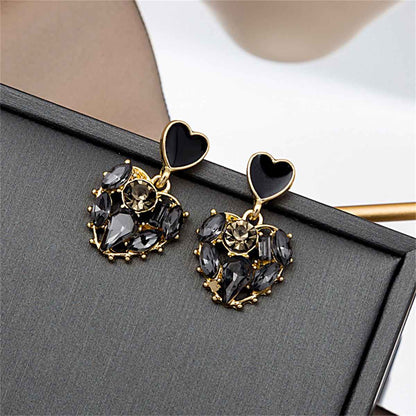 Black Crystal & Goldtone Heart Drop Earrings
