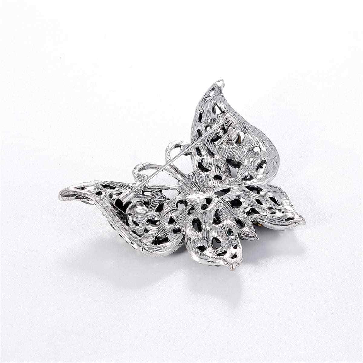 Black Crystal & Cubic Zirconia Silvertone Butterfly Brooch