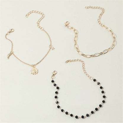 Black Bead & 18K Gold Plated Sun Figaro Anklet Set
