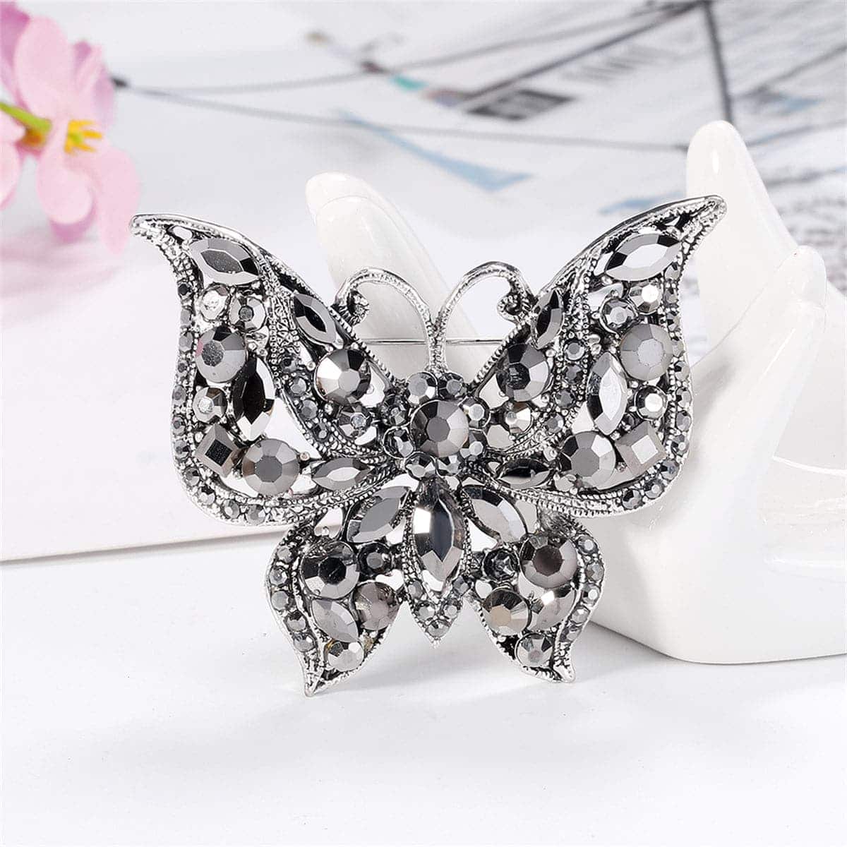 Black Crystal & Cubic Zirconia Silvertone Butterfly Brooch