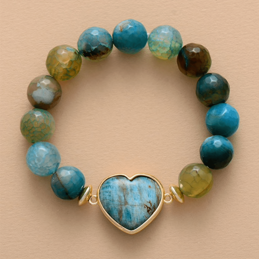 Blue Green Agate Stone Beaded Heart Bracelet