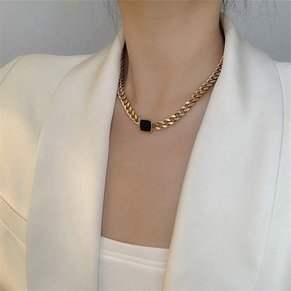 Black Enamel & Goldtone Square Pendant Necklace