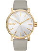 Dkny Women Watch, Gold Color Case, Silver Dial, Grey Leather Strap, 3 Hands, 5 Atm