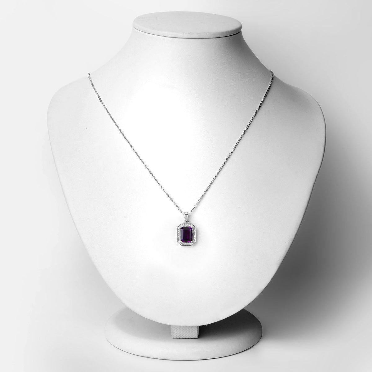 Genuine Amethyst and Lab Diamond Silver Halo Necklace