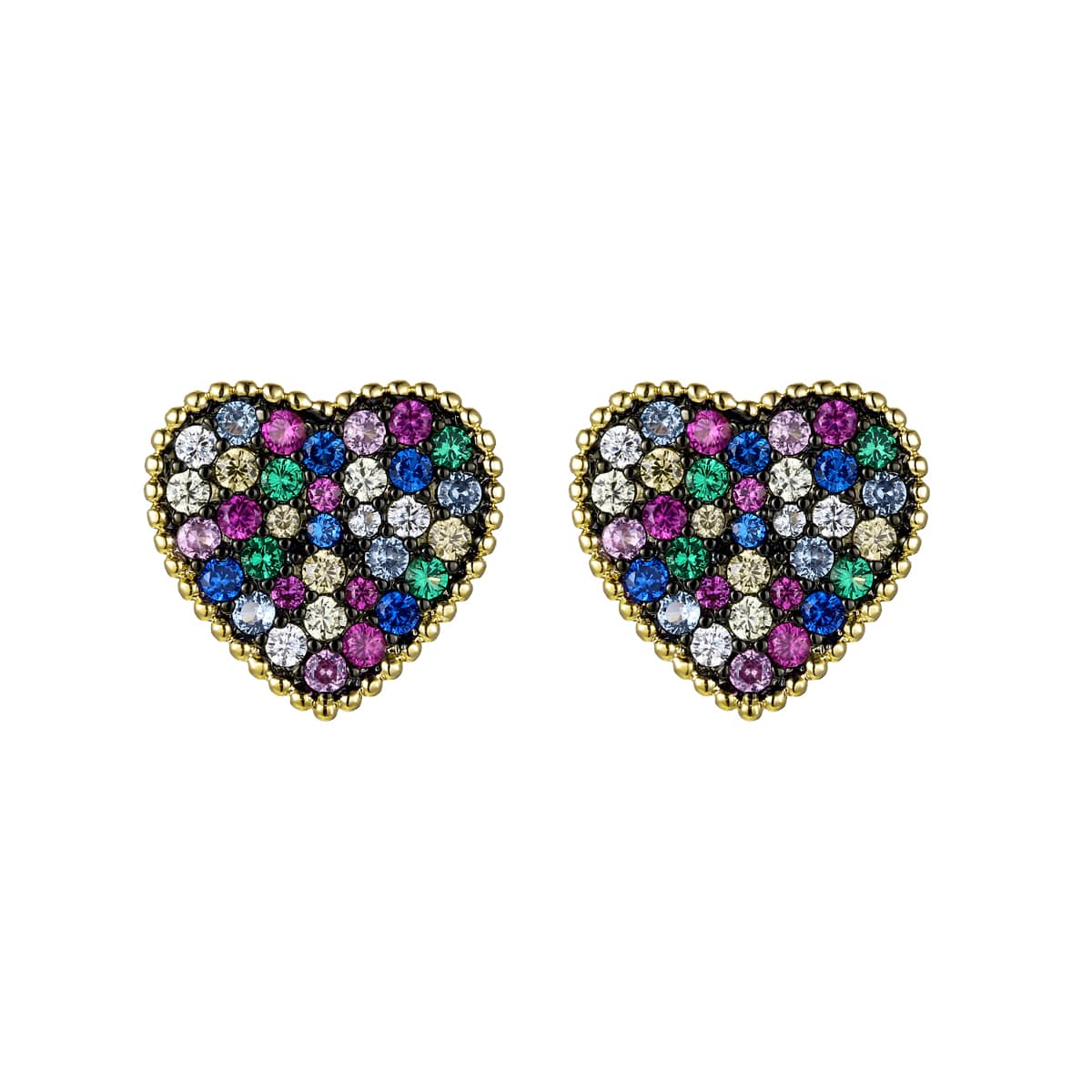 14k Gold Plated with Multi-Colored Gemstone Cubic Zirconia Pave Heart Stud Earrings
