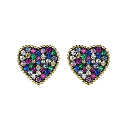 14k Gold Plated with Multi-Colored Gemstone Cubic Zirconia Pave Heart Stud Earrings