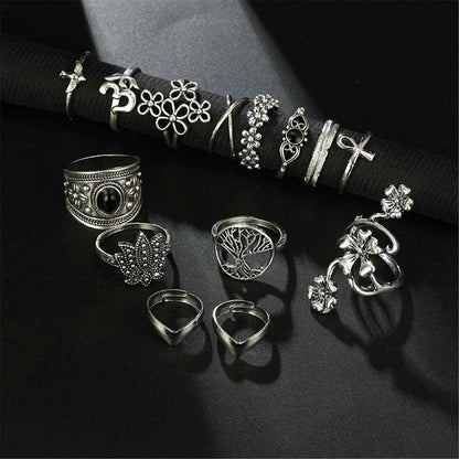 Black & Silvertone Botany Ring Set
