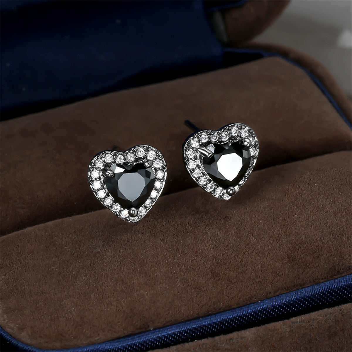 Black Crystal & Cubic Zirconia Silvertone Halo Heart Stud Earrings