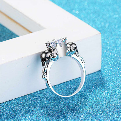 Clear Crystal & Silvertone Skull Rose Ring