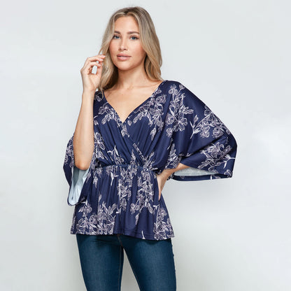 Dark Blue Floral Print Surplice Peplum Top