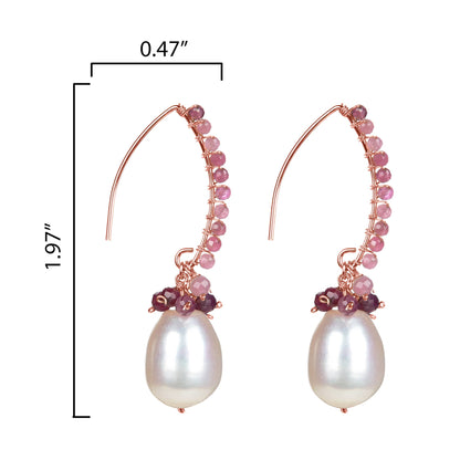 Freshwater Pearl and Natural Pink Tourmoline 18K Rose Gold Plated Sterling Silver Dangle Earring