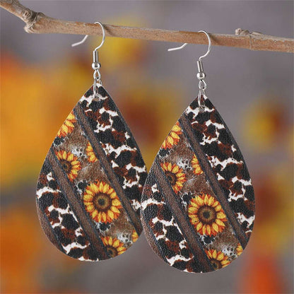 Black & Yellow Cow-Print & Sunflower Drop Earrings